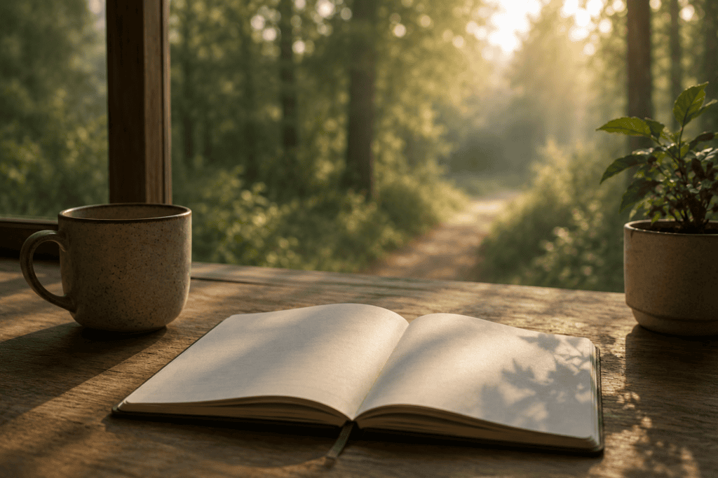 Open journal on a wooden table overlooking a peaceful woodland path, symbolising reflection, progress and positive thinking