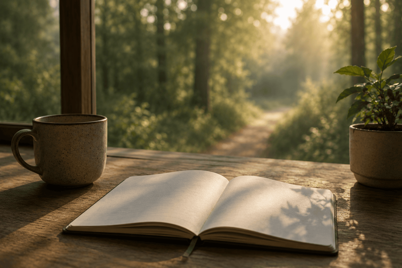 Open journal on a wooden table overlooking a peaceful woodland path, symbolising reflection, progress and positive thinking