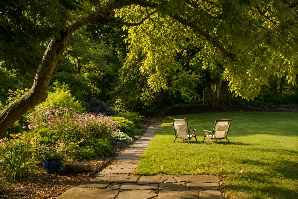 Two chairs facing each other in a peaceful outdoor setting, symbolising a kinder and more supportive conversation with yourself.