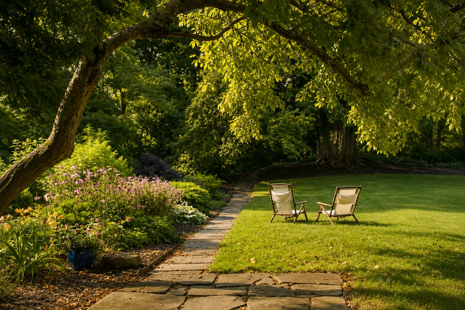 Two chairs facing each other in a peaceful outdoor setting, symbolising a kinder and more supportive conversation with yourself.