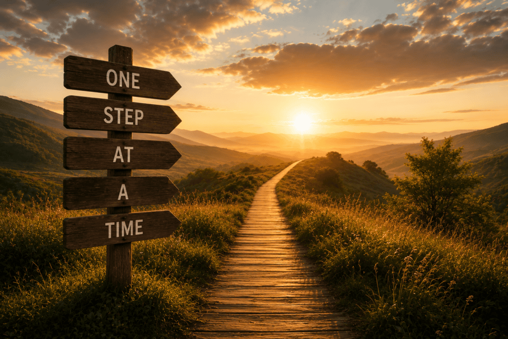 A wooden signpost beside a sunlit countryside path displays the words "One, Step, At, A, Time", symbolising how small daily choices build a healthier future.