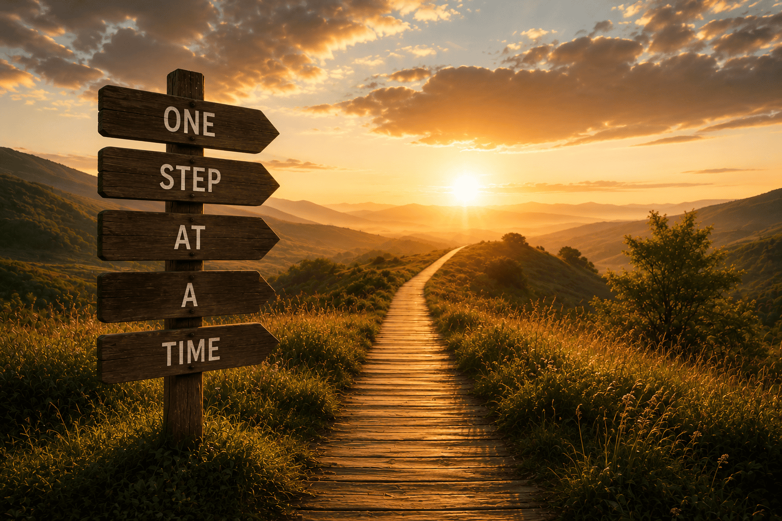 A wooden signpost beside a sunlit countryside path displays the words "One, Step, At, A, Time", symbolising how small daily choices build a healthier future.