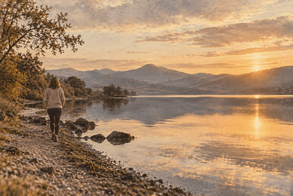 Person walking peacefully beside a reflective lake, representing a healthy relationship with your body, acceptance and self-respect.