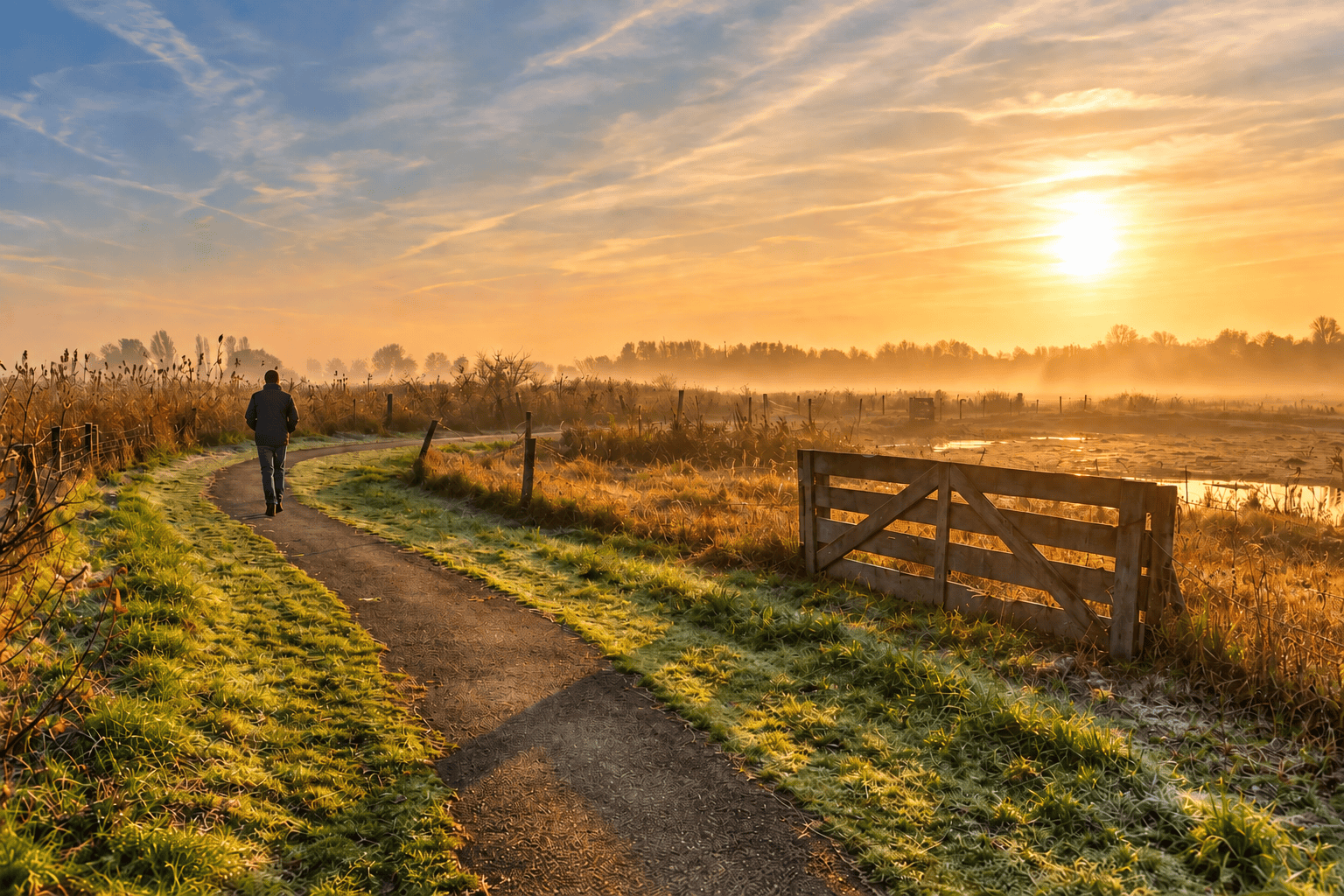 Person walking along a peaceful path towards warm morning light, representing identity, healthy habits and positive behaviour change
