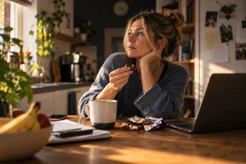 Woman pausing with a snack in her kitchen, representing eating habits, triggers and learned behaviour.