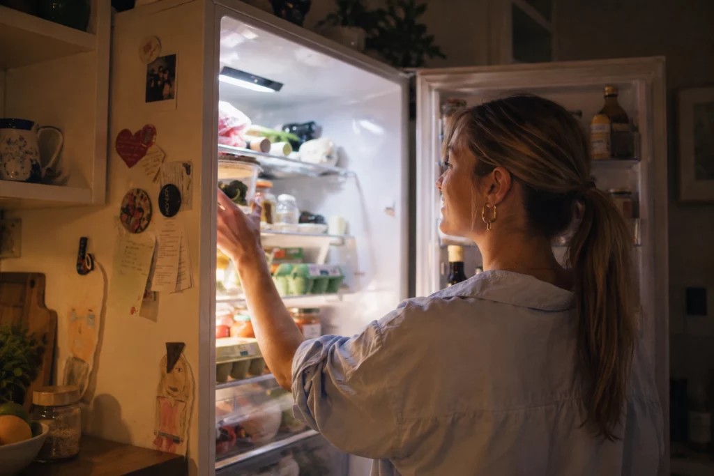 Person looking inside a fridge, representing emotional eating and becoming more aware of hunger and food choices.